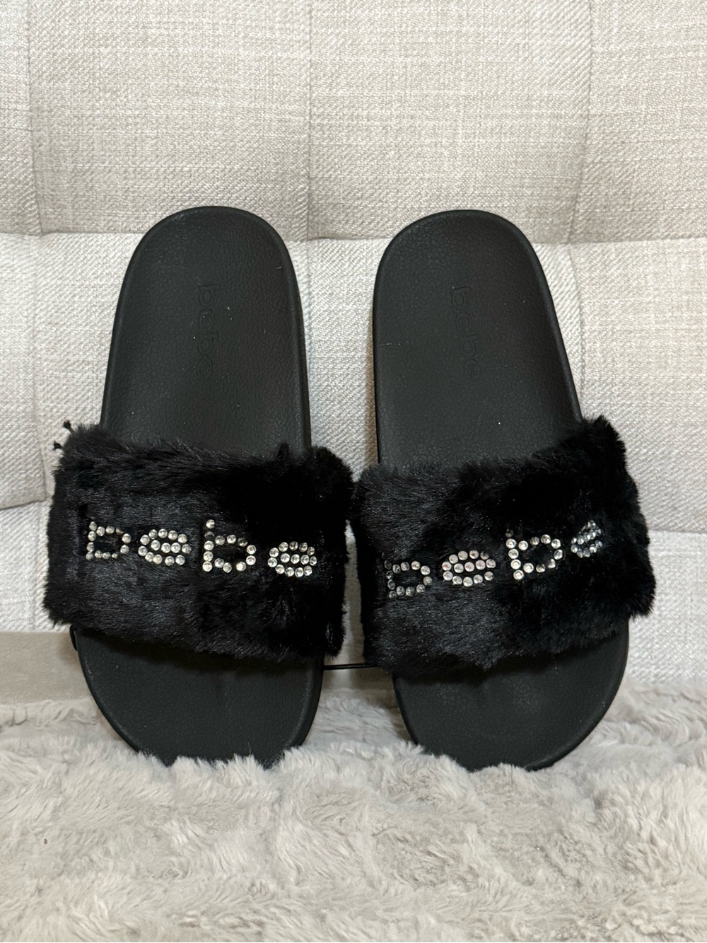 bebe Black Faux Fur Slide Sandals with Crystal Logo